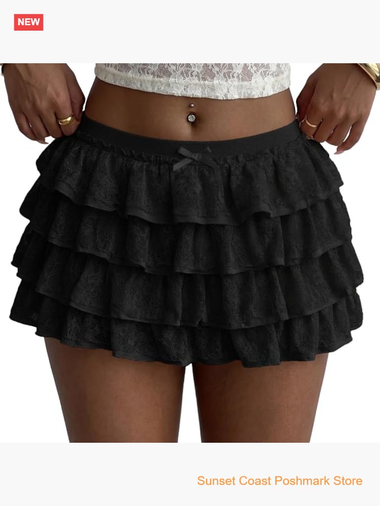 Lace Tiered Ruffle Mini Skort With Built-In Shorts High Waist Bow Detail